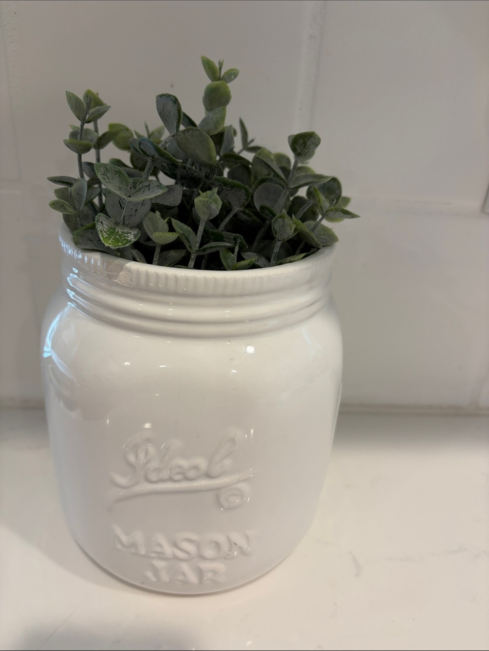 large White Mason Jar Ceramic Planter-utensil storage. White porcelain 7” tall